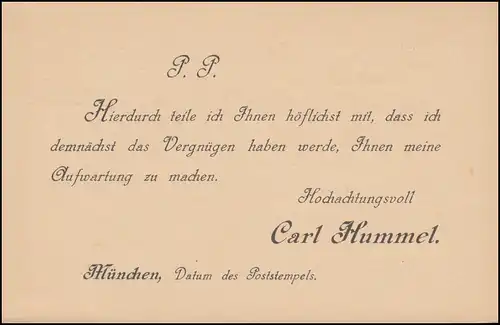 Carte postale PZD 4/04 Chose imprimée: Annonce de visite Carl Hummel Munich **
