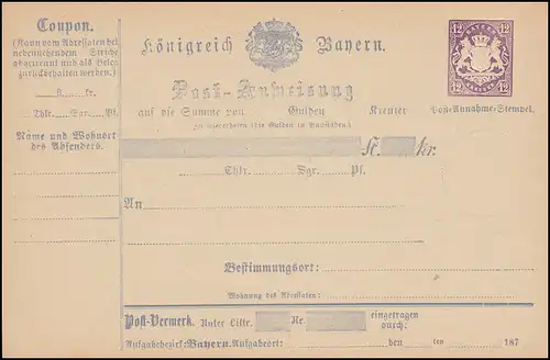 Bayern A 8 I Postanweisung 12 Kreuzer, Wertstempel violett Wappen, postfrisch **
