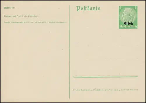 Carte postale Alsace P 1 Hindenburg Impression 5 Pf vert clair, ** comme dépensé