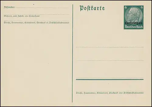 Carte postale Alsace P 2 Hindenburg Impression 6 vert foncé, ** comme dépensé