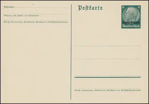 Elsaß Postkarte P 2 Hindenburg Aufdruck 6 Pf dunkelgrün, ** wie verausgabt