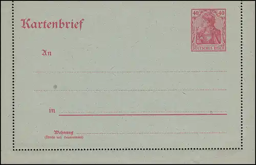 Kartenbrief K 21 Germania 40 Pf karmin auf blaugrau, ** wie verausgabt