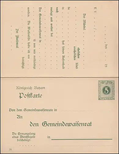 Bayern Lienstpostkarte/Autorité DPB 6/04 chiffre 5/0 Pf. DV 14, vert, **