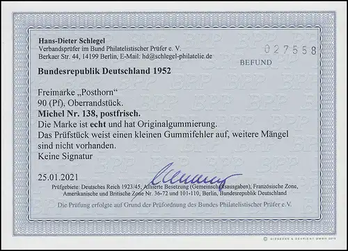 138 Posthorn 90 Pf Oberrandstück ungefaltet, ** postfrisch, BPP-Befund