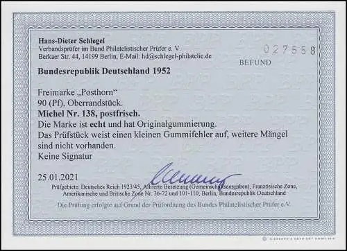 138 Posthorn 90 Pf Oberrandstück ungefaltet, ** postfrisch, BPP-Befund