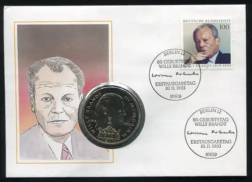 Bund: Numis-FDC Willy Brandt ESSt BERLN 10.11.1993 mit Liberia 1 Dollar