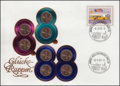 Schweiz Numisbrief 8 Glücks-Rappen zum 8.8.88, BERN 8.8.88 - 8 Uhr