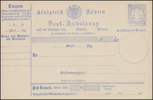 Bayern A 12 Type II Postanweisung 7 Kreuzer blau Wappen postfrische ** Erhaltung