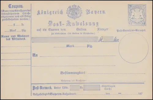 Bayern A 12 Type II Postanweisung 7 Kreuzer blau Wappen postfrische ** Erhaltung