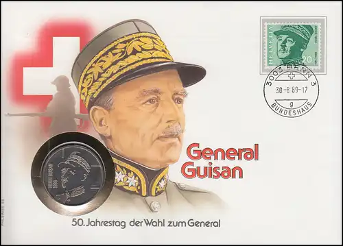Schweiz Numisbrief General Henri Guisan, BERN BUNDESHAUS 30.8.1989, 5 Franken