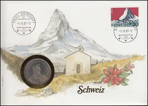 Schweiz Numisbrief Confoederatio Helvetica, mit 821, ZERMATT 1.8.83, 5 Franken