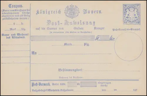 Bayern A 12 II GA Postanweisung 7 Kreuzer Wappen blau, Type II, postfrisch **  