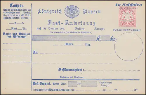 Bayern A 11 II Postanweisung 3 Kreuzer Wappen, mit Zusatz "An Soldaten", **