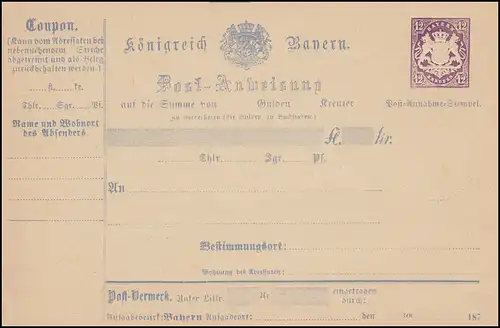 Bayern A 8 I Postanweisung 12 Kreuzer violett Wappen, Type I, postfrisch **