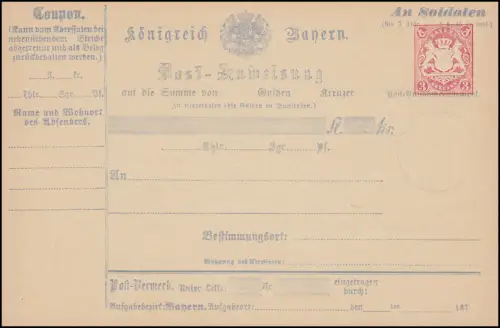 Bayern A 5 I Postanweisung 3 Kreuzer Wappen, mit Zusatz "An Soldaten", **