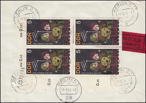 DDR 1025-1027 Tag des Kindes 5+10+15 Pf mit 1025 ER-Vbl. Eilbrief BERLIN 17.6.64