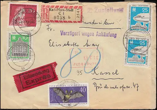 Stempel Verzögert wegen Anhäufung DDR Eil- und R-Brief KARL-MARX-STADT 26.3.1963