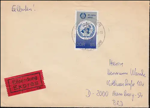 DDR 3214 Weltgesundheitsorganisation WHO als EF Eil-Brief SSt SEIFFEN 20.10.89