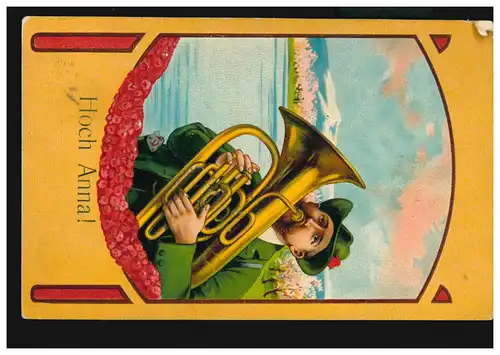 Ansichtskarte Vornamen: Hoch Anna! Musikant mit Tuba, Ortspostkarte WIEN 1909