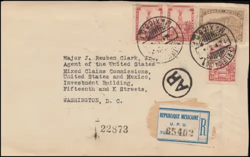 Mexiko: Einschreiben der USA-Mexiko-Kommission mit Siegelmarken 2.8.1926