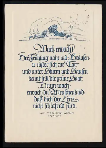 Lyrik-AK August Klingelmann: Wach, erwach! BERLIN-CHARLOTTENBURG 23.3.1935