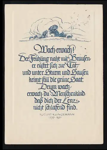 Lyrique AK August Sonnellmann: éveil, réveille-toi! BERLIN-CHARLOTENBURG 23.3.1935