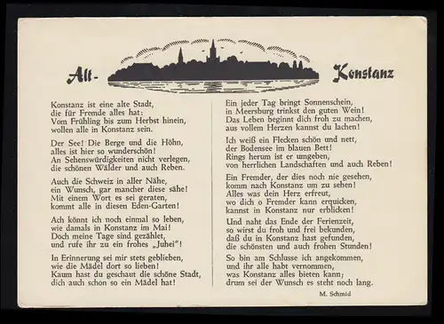 Poème de poésie AK M.Schmid: Alt-Kostanz - Constance est une vieille ville, ...