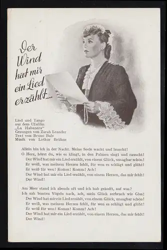 Lyrik-AK Der Wind hat mir in Lied erzählt, Sängerin Zarah Leander, ungebraucht 