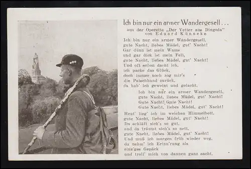 Carte de chanson populaire de poésie AK: Je suis juste un pauvre randonneur ..., inutile