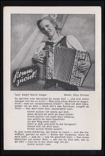 Carte de chanson populaire de poésie AK: femme avec piano - reviens!, inutile