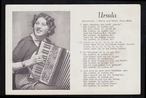 Carte de chanson populaire de poésie AK: femme avec accordéon - Marschied Ursula, inutilisé