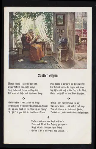 Lyrik-AK Bunte Reihe Mutter daheim - Lesende Frau am Fenster, ungebraucht