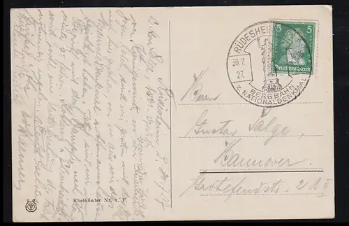 Lyrique AK Rhin Lieder numéro 1: Dans l'Arc de Roland, SSt RÜDESHEIM 30.7.1927