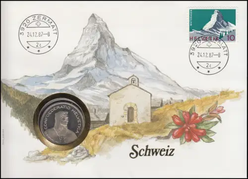 Suisse Lettre de numis Confoederatio Helvetica, avec 820, ZERMATT 24.12.87, 5 francs