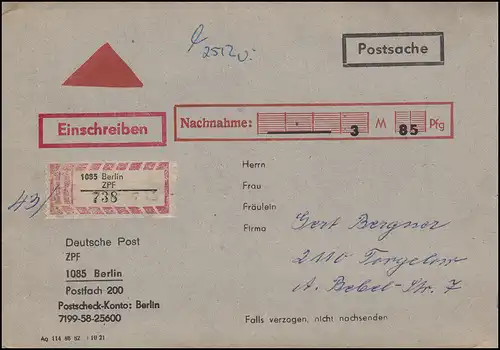 DDR Postschichte par lettre recommandée et prise en charge de 1035 BERLIN ZPF vers Torgelow