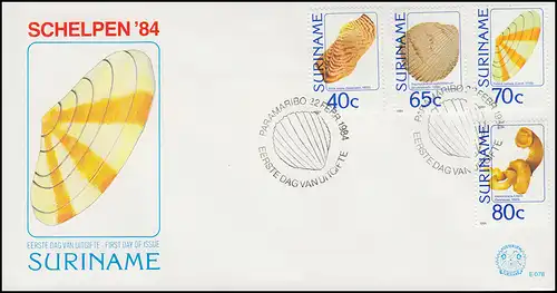 Surinam Muscheln 1984 - Satz (vier Briefmarken) auf Schmuck-FDC