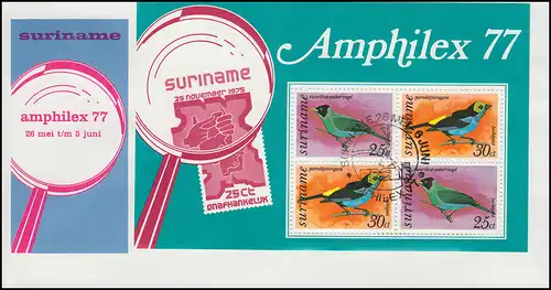 Surinam Flora 1981 Bloc d'oiseaux à l'Amphilex 77 - sur les bijoux FDC