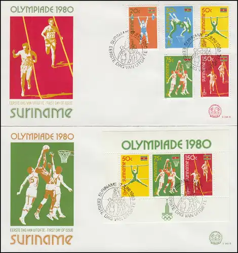 Surinam Jeux olympiques Moscou 1980 - ensemble et bloc sur 2 bijoux FDC
