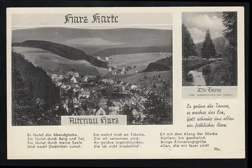 Carte de résine: Panorama de Altenau / Résine et Le sapin, Poème, Post de chemin de fer 1952
