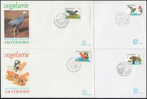 Surinam Vogel-Serie: Vögel 1986 und aus 1995-1999 auf 9 Schmuck-FDC's