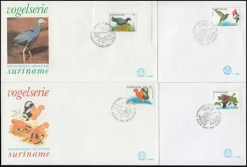 Surinam Vogel-Serie: Vögel 1986 und aus 1995-1999 auf 9 Schmuck-FDC's