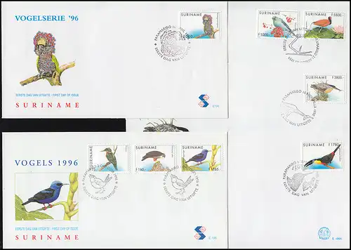 Surinam Vogel-Serie: Vögel 1986 und aus 1995-1999 auf 9 Schmuck-FDC's
