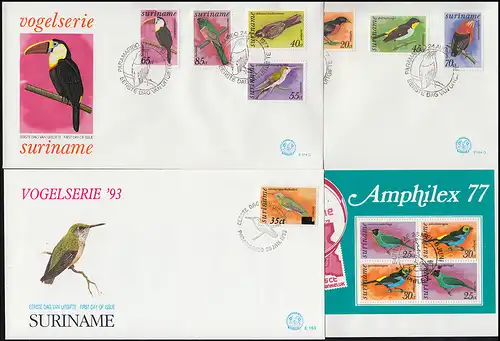 Surinam Vogel-Serie: Vögel 1977 mit 2 Blöcken und aus 1993/94 auf 8 Schmuck-FDC