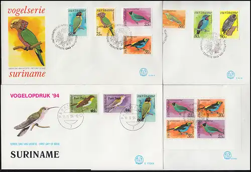 Surinam Vogel-Serie: Vögel 1977 mit 2 Blöcken und aus 1993/94 auf 8 Schmuck-FDC