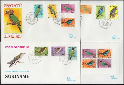 Suriname Oiseaux série: Oiseau 1977 avec 2 blocs et de 1993/94 sur 8 bijoux FDC