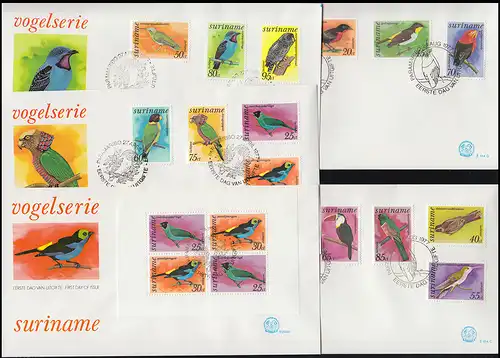 Surinam Vogel-Serie Vögel 1977 mit Block auf 5 Schmuck-FDC