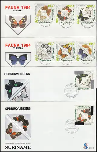 Surinam Schmetterlinge und Falter 1994 - teils mit Aufdruck - auf 4 Schmuck-FDC