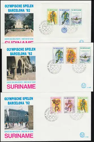 Surinam Olympische Spiele Barcelona 1992 - Satz und Block auf 3 Schmuck-FDC's