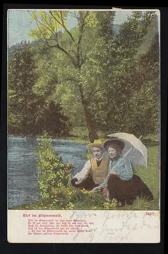 Liebes-AK Liebspaar am See - Volkslied Tief im Böhmerwald, LAUKNEN 9.11.1906