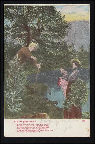 Liebes-AK Die hilfreiche Hand - Volkslied Tief im Böhmerwald, LAUKNEN 9.11.1906